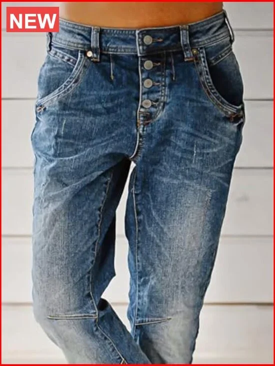 Stretchy Straight Leg Mid Rise Jeans Button Fly Stitch Detail - Picture 2 of 6